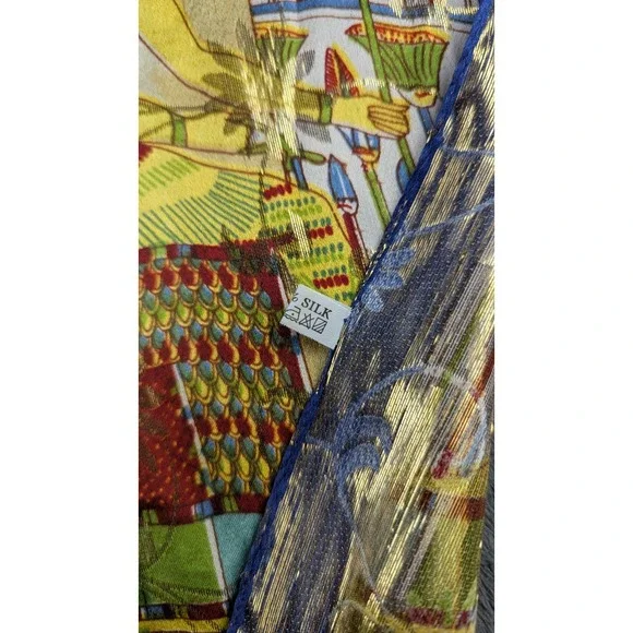 VTG Silk Scarf 20'' Squre Egyptian Prints Goldn Blue Orange-NEW - Picture 3 of 5